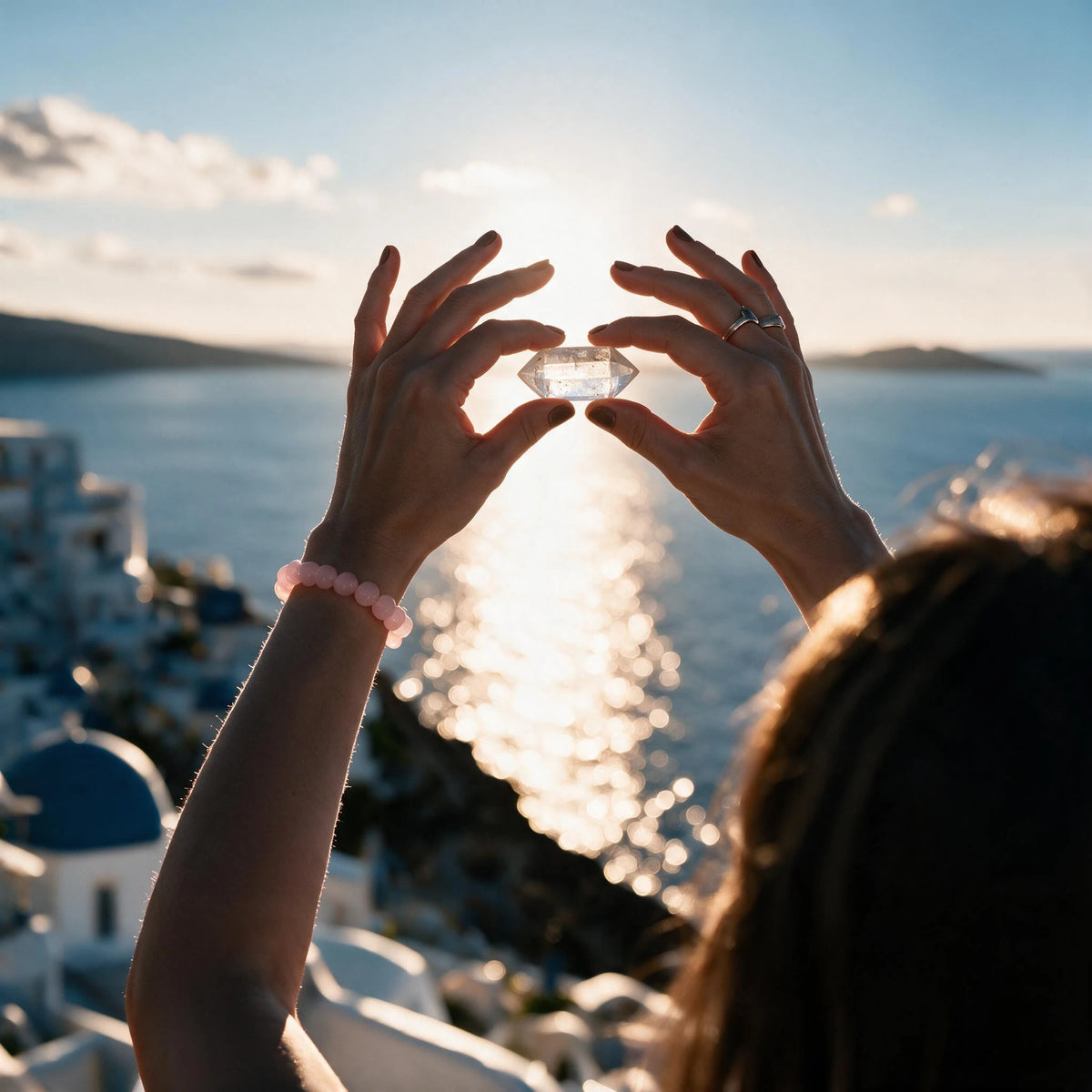 A woman holds an Ember Quiet Twin Peak clear quartz crystal up to the radiant sun against a backdrop of a sparkling ocean. The sunlight flows through the double-terminated points, beautifully symbolizing how the crystal channels and connects energy between each other.