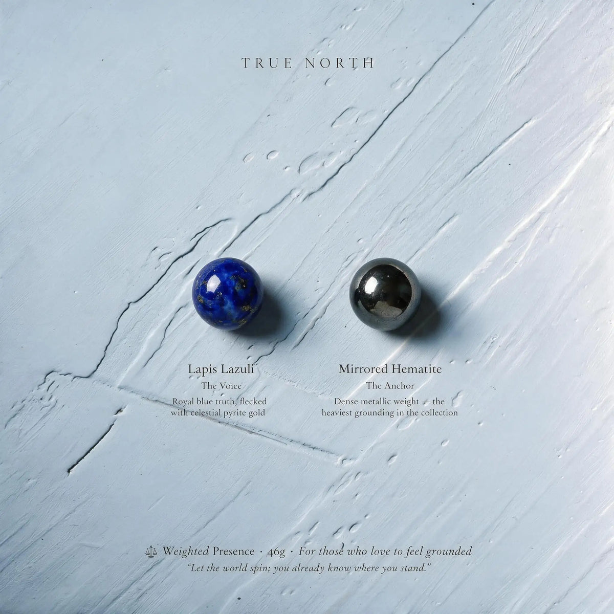 Lapis lazuli and mirrored hematite weighted bracelet for grounded authority and inner voice — True North by Ember Quiet.