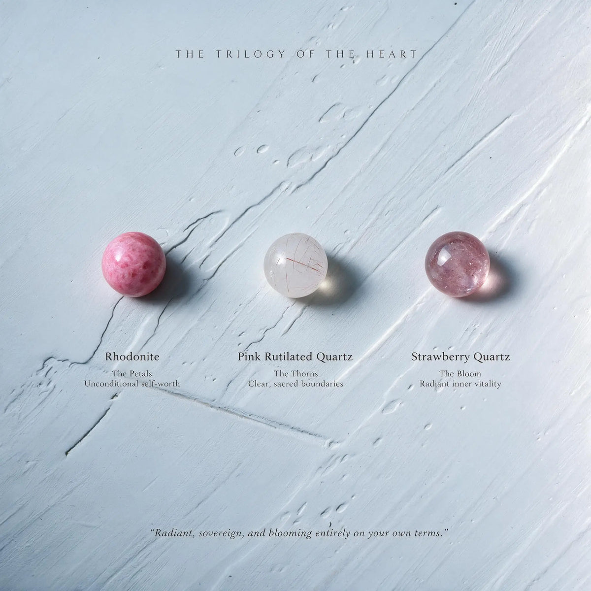 Heart Chakra trio rhodonite, pink rutilated quartz, and strawberry quartz for self-worth and inner vitality by Ember Quiet.