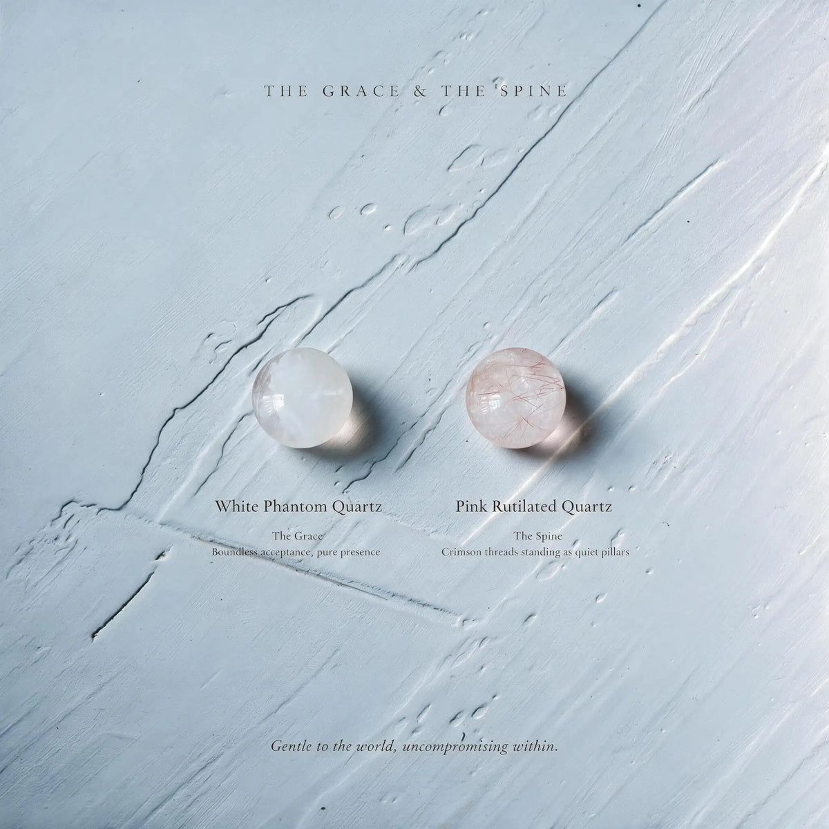 Crown Heart Chakra duo white phantom quartz and pink rutilated quartz for pure presence and inner strength by Ember Quiet.