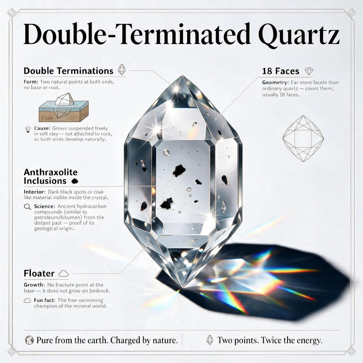 Detailed infographic showing the anatomy of a natural Double-Terminated Quartz crystal. It highlights its 18 faces, free-floating growth without a base rock, and unique dark anthraxolite inclusions inside the clear stone.