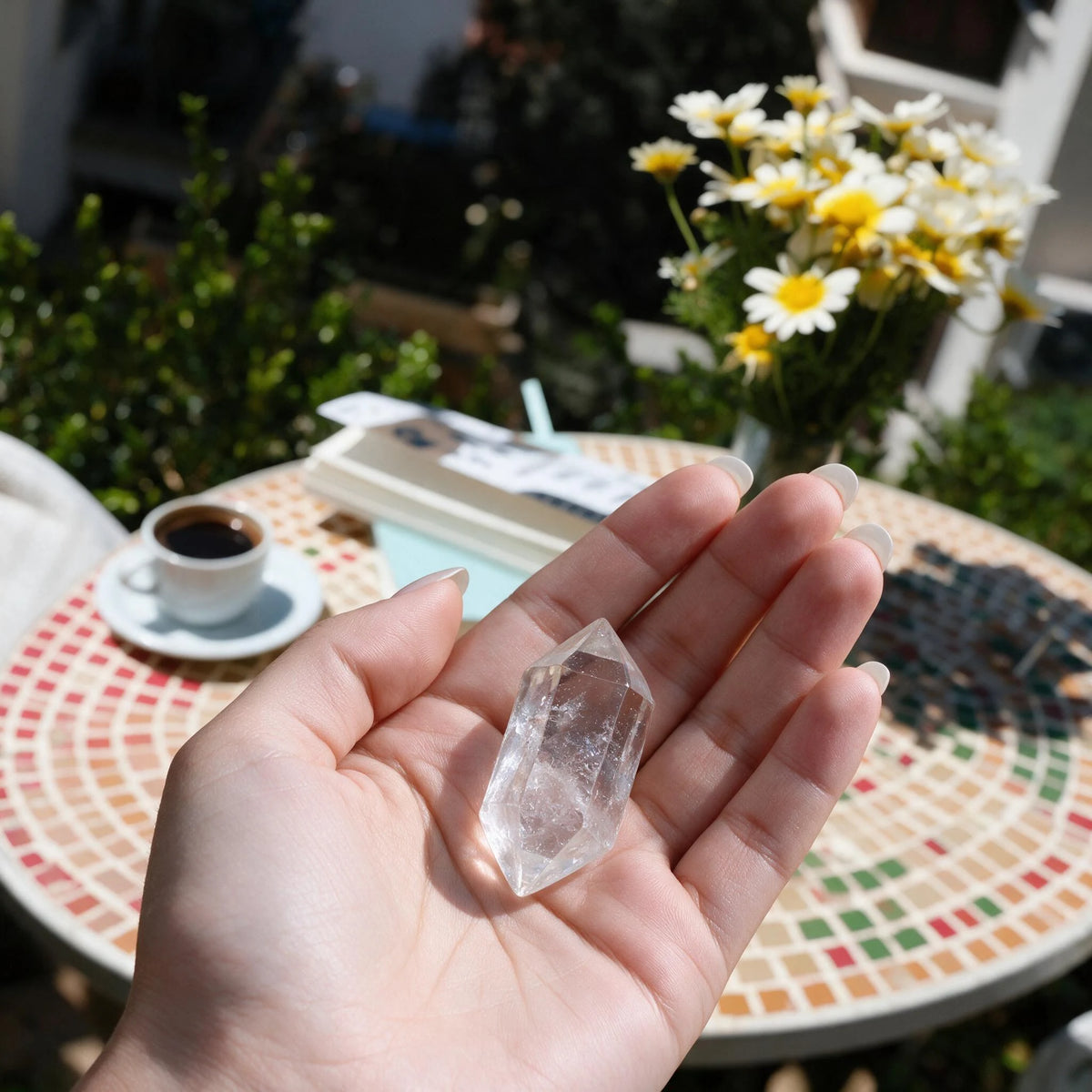 A woman's hand holding an Ember Quiet clear quartz crystal in warm sunlight over a mosaic table with coffee and flowers. Feel the natural energy and recharge yourself anytime.