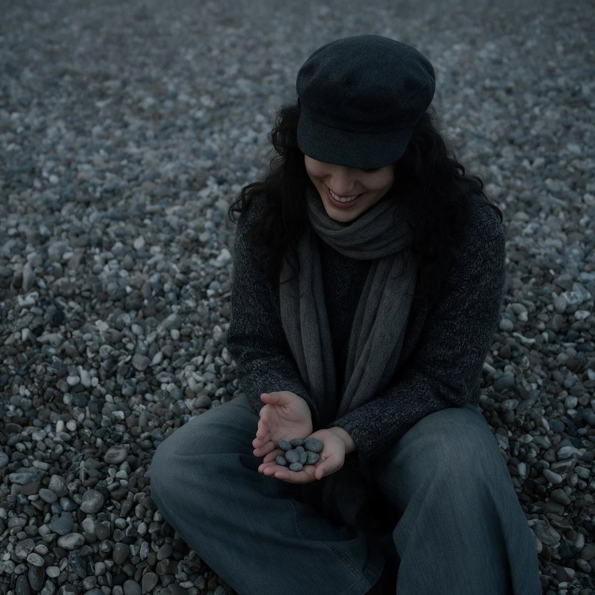 Woman smiling gently holding smooth stones on a pebble beach, discovering intuitive crystal resonance by Ember Quiet.
